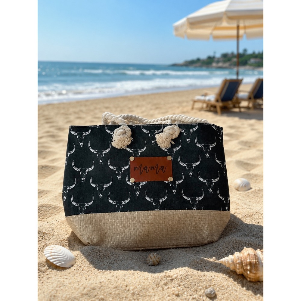 Beach Tote Bag Women Large Black Steer Skull Mama Patch Western Rope‎ Handle